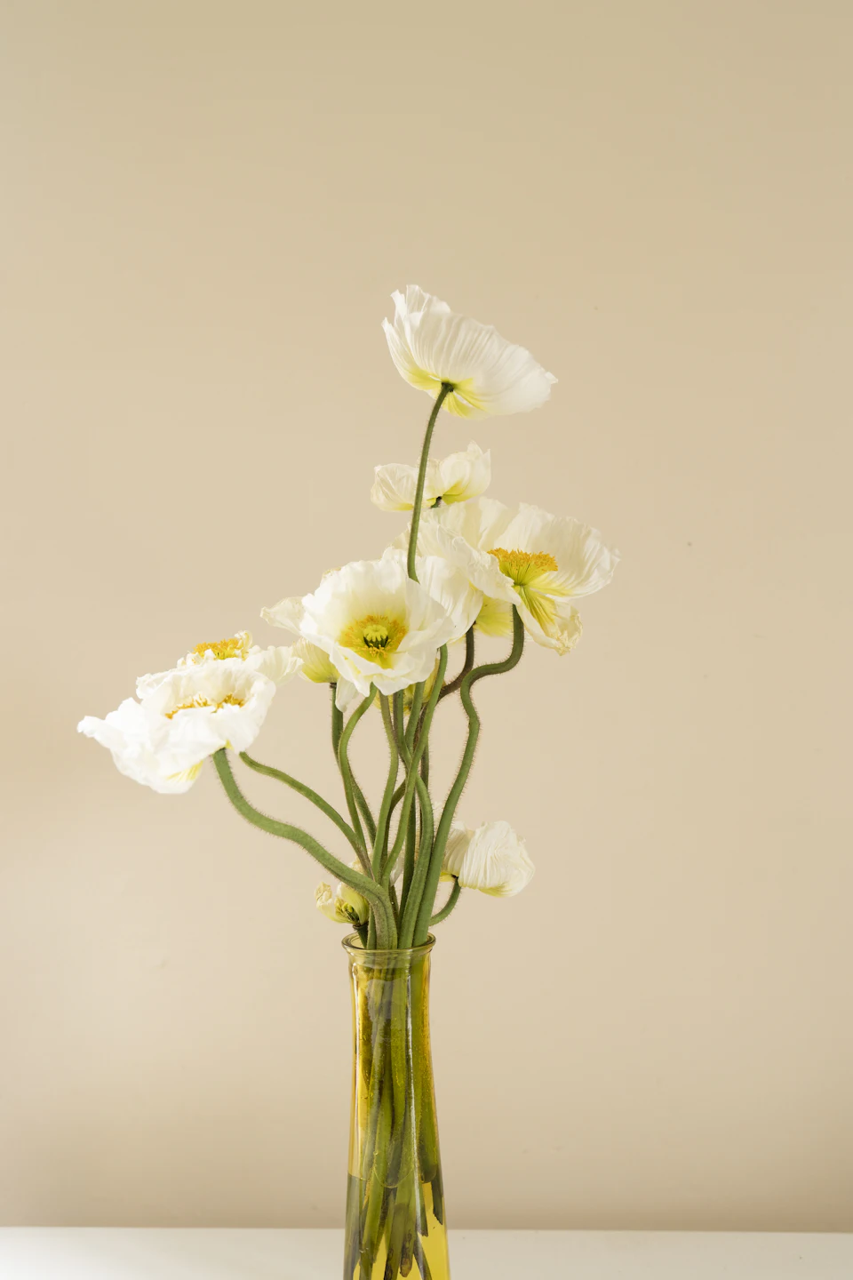 White poppies in amber glass vase
