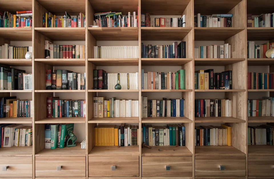 Books on brown wooden shelf