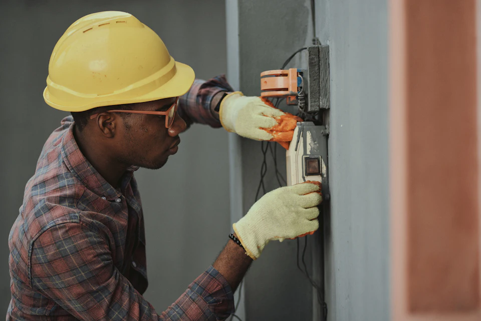 Electrician installing wiring with yellow hardhat
