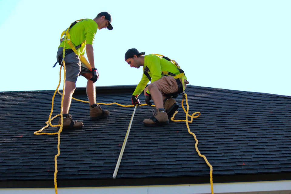 A couple of people that are on a roof