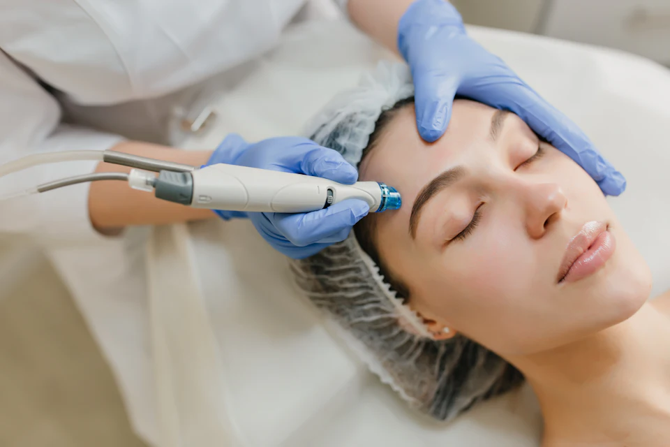 A woman getting a facial peel from a doctor
