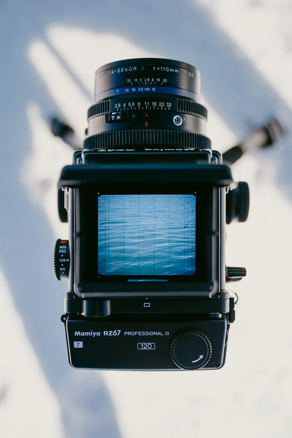Medium format camera focused on rippling water