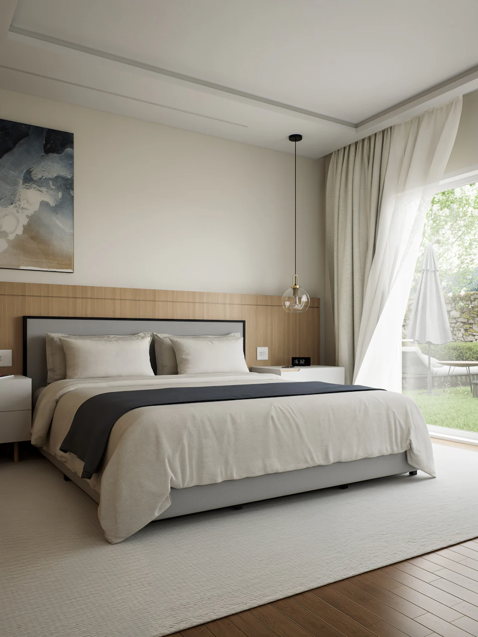Modern bedroom with a large bed and garden view